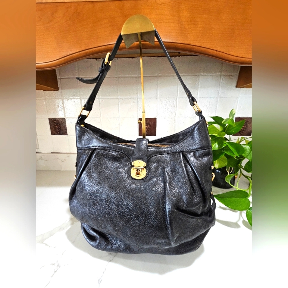 Black Pebbled Leather Hobo Bag with Gold Tone Hardware